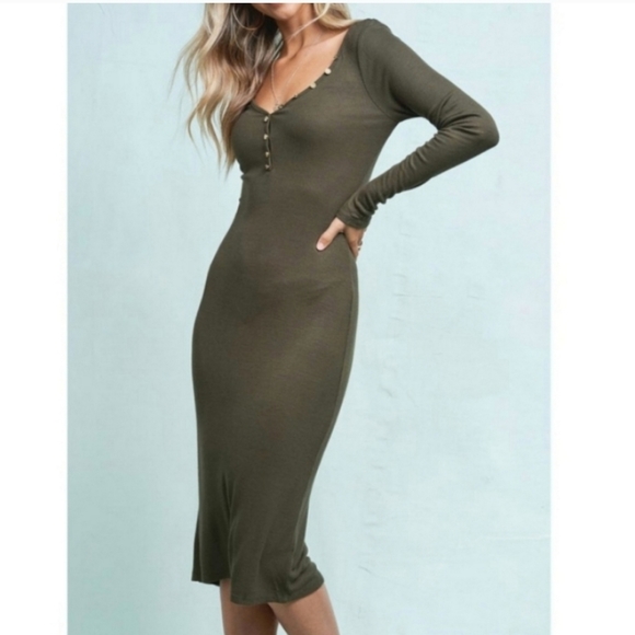 Dresses & Skirts - Olive Green Ribbed Knit Long Sleeve Bodycon Midi Dress